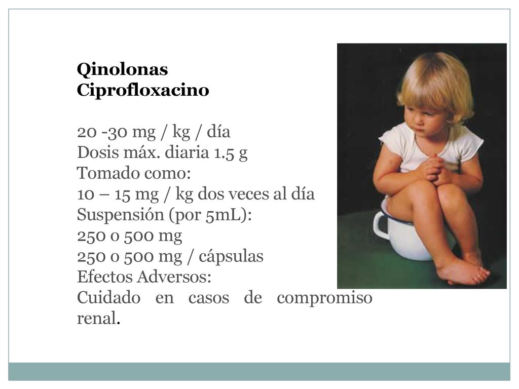 Qinolonas Ciprofloxacino mg / kg / día. Dosis máx. diaria 1.5 g. Tomado como: 10 – 15 mg / kg dos veces al día.