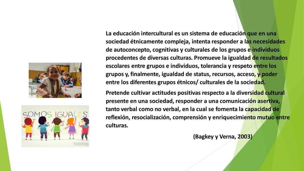 La educación intercultural es un sistema de educación que en una sociedad étnicamente compleja, intenta responder a las necesidades de autoconcepto, cognitivas y culturales de los grupos e individuos procedentes de diversas culturas. Promueve la igualdad de resultados escolares entre grupos e individuos, tolerancia y respeto entre los grupos y, finalmente, igualdad de status, recursos, acceso, y poder entre los diferentes grupos étnicos/ culturales de la sociedad.