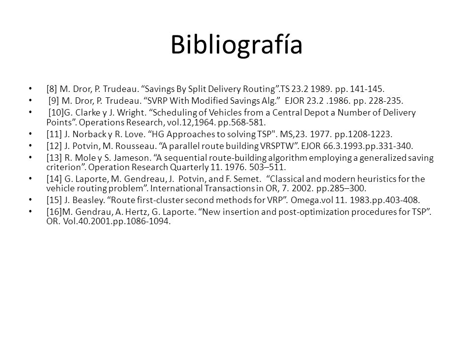 Bibliografía [8] M. Dror, P. Trudeau. Savings By Split Delivery Routing .TS pp