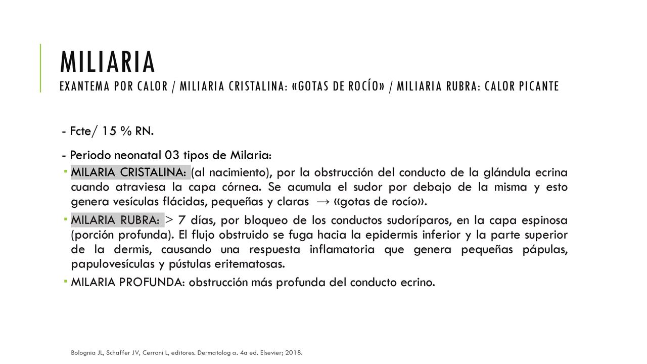 Miliaria Exantema por calor / Miliaria cristalina: «gotas de rocío» / Miliaria rubra: calor picante