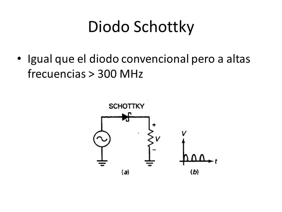 Diodo Schottky Igual que el diodo convencional pero a altas frecuencias > 300 MHz