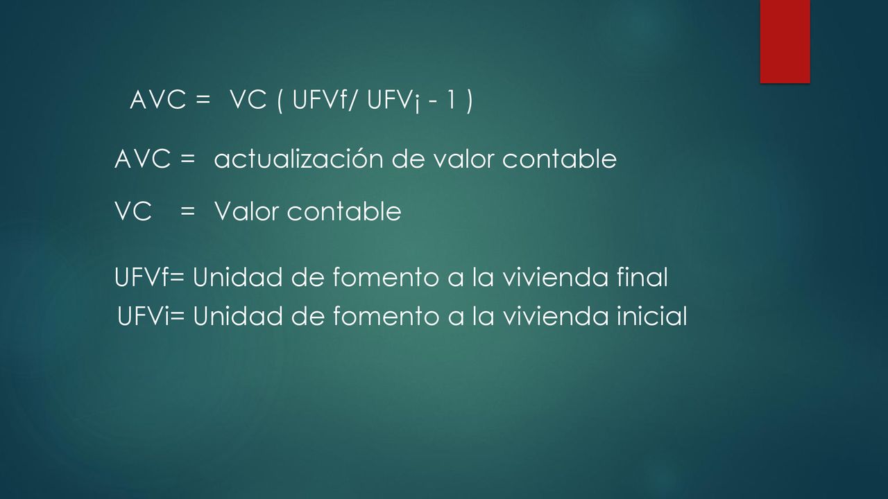 AVC = VC ( UFVf/ UFV¡ - 1 ) AVC = actualización de valor contable. VC = Valor contable. UFVf= Unidad de fomento a la vivienda final.