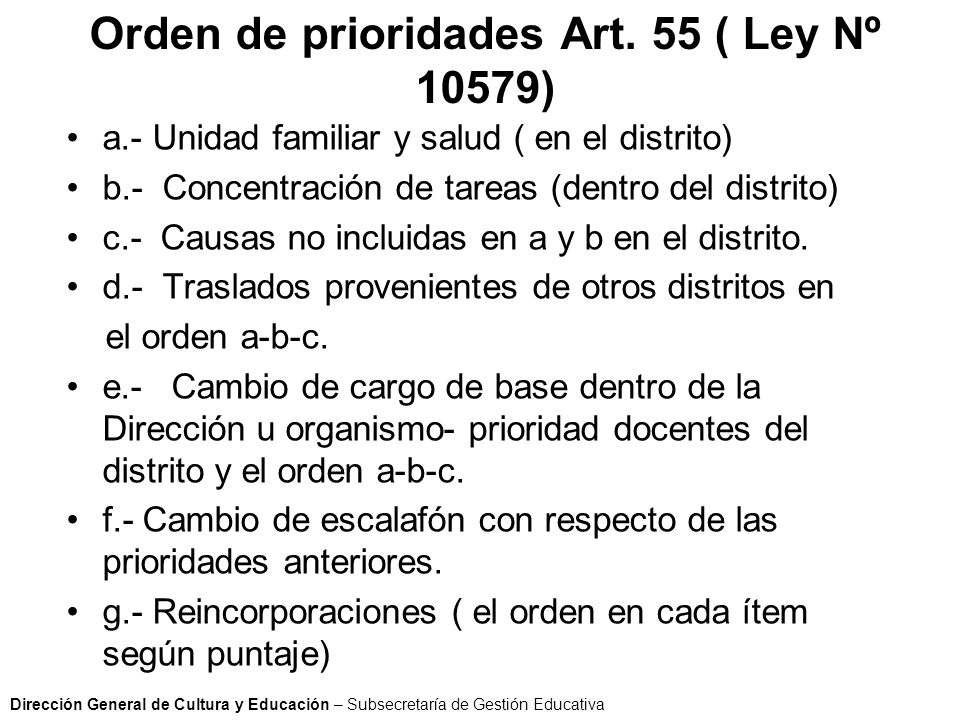 Orden de prioridades Art. 55 ( Ley Nº 10579)