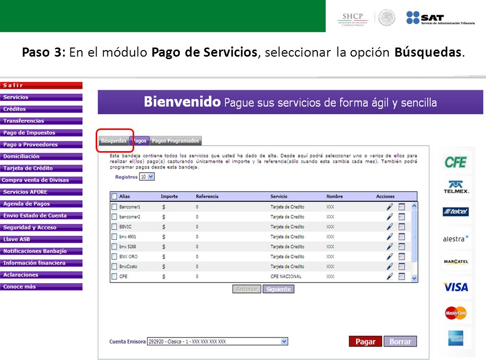 Paso 3: En el módulo Pago de Servicios, seleccionar la opción Búsquedas.