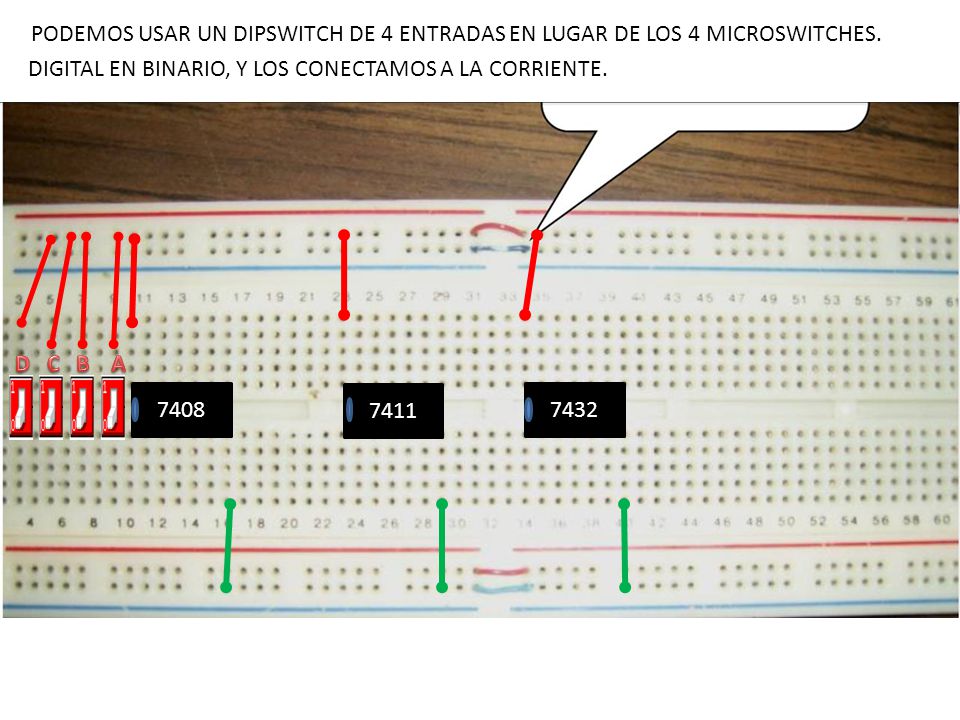 PASO 1: COLOCAMOS NUESTROS INTEGRADOS Y COMENZAMOS POR CABLEAR LA CORRIENTE: PIN 7 A TIERRA (-), Y PIN 14 A VOLTAJE (+) DE CADA INTEGRADO.