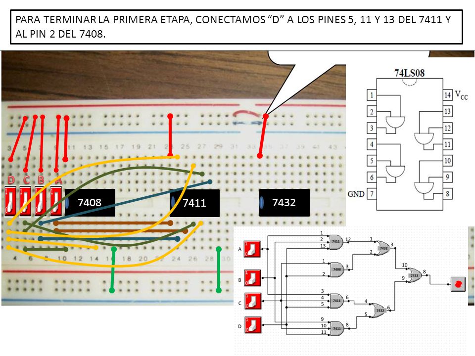 PARA TERMINAR LA PRIMERA ETAPA, CONECTAMOS D A LOS PINES 5, 11 Y 13 DEL 7411 Y AL PIN 2 DEL 7408.