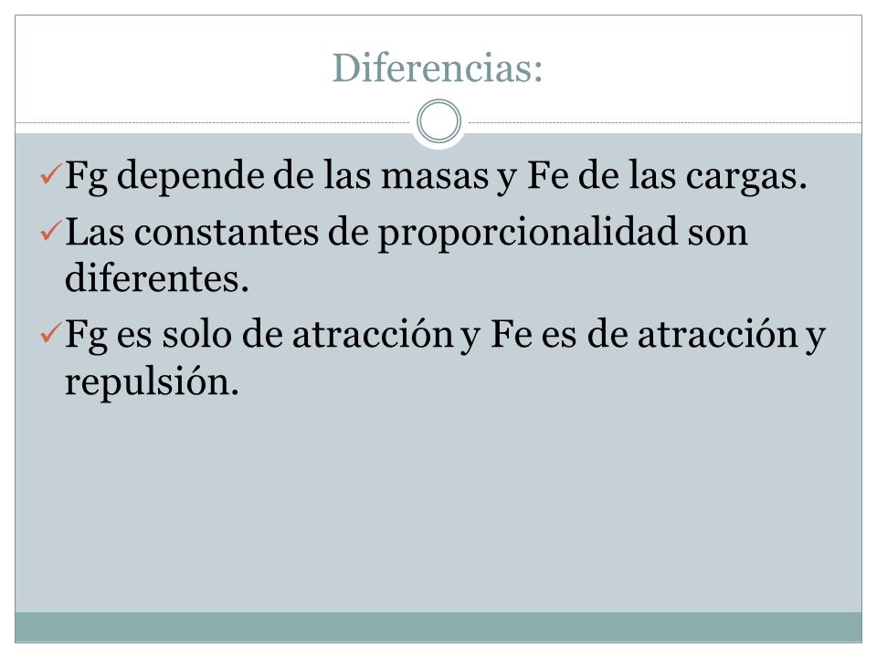 Diferencias: Fg depende de las masas y Fe de las cargas.