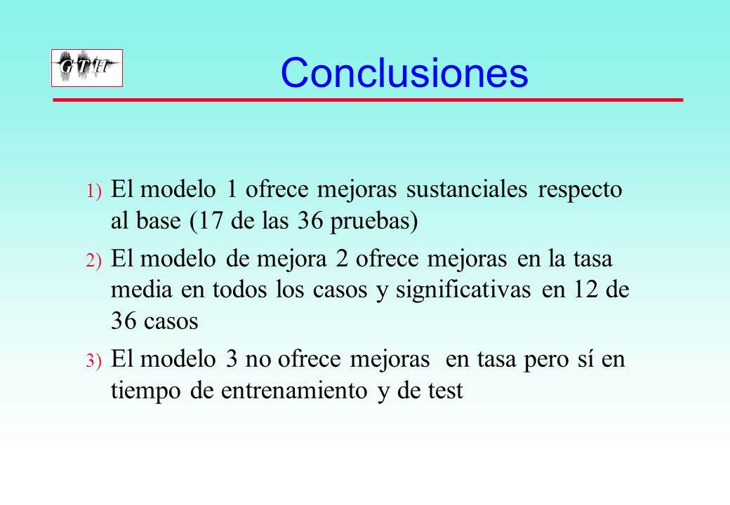 Conclusiones El modelo 1 ofrece mejoras sustanciales respecto al base (17 de las 36 pruebas)