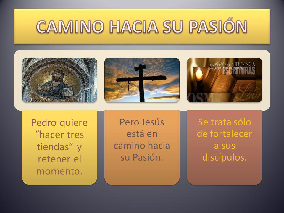 CAMINO HACIA SU PASIÓN Pedro quiere hacer tres tiendas y retener el momento. Pero Jesús está en camino hacia su Pasión.