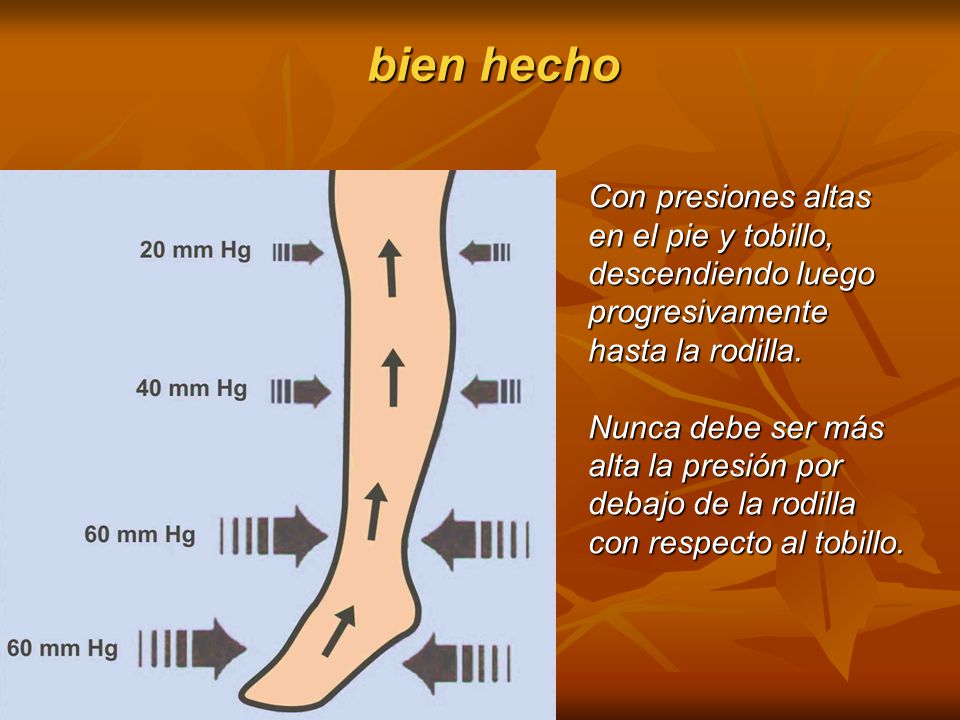 bien hecho Con presiones altas en el pie y tobillo, descendiendo luego