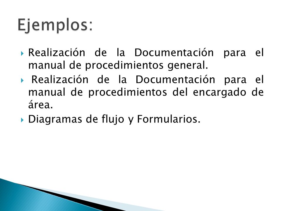 Ejemplos: Realización de la Documentación para el manual de procedimientos general.