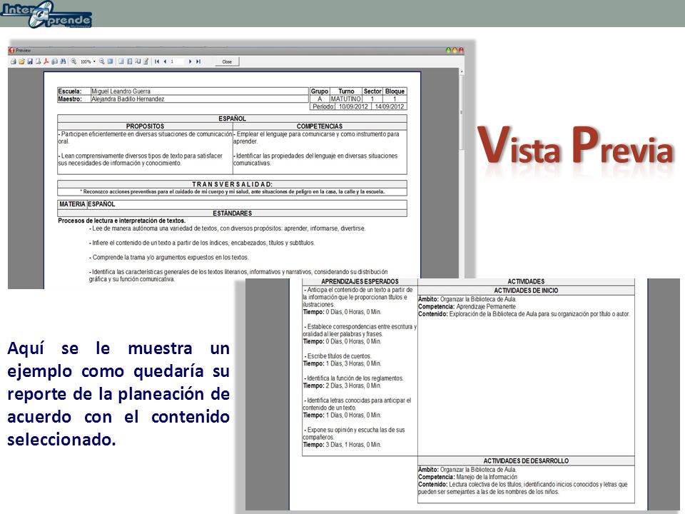 Vista Previa Aquí se le muestra un ejemplo como quedaría su reporte de la planeación de acuerdo con el contenido seleccionado.