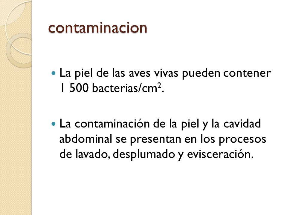 contaminacion La piel de las aves vivas pueden contener bacterias/cm2.