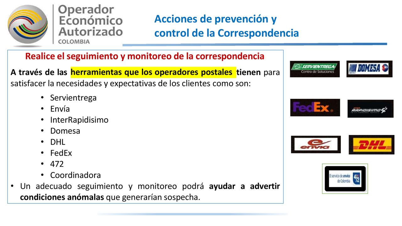 Acciones de prevención y control de la Correspondencia