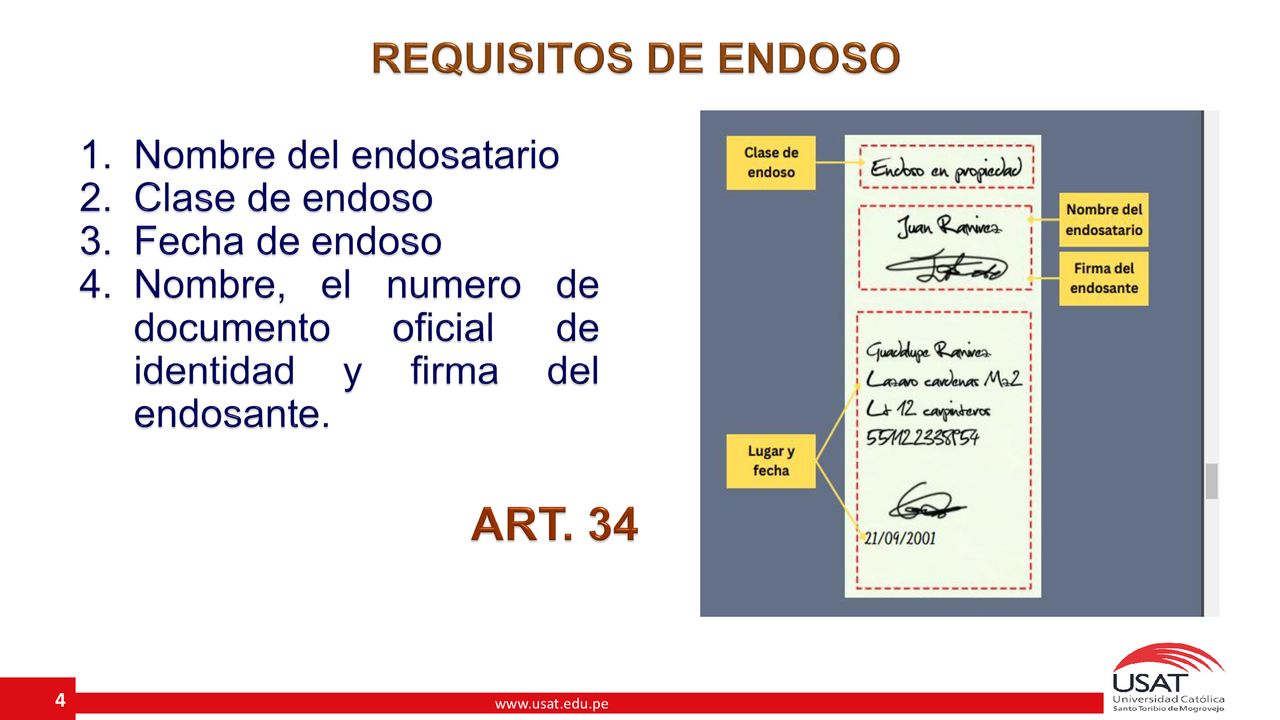 ART. 34 REQUISITOS DE ENDOSO Nombre del endosatario Clase de endoso