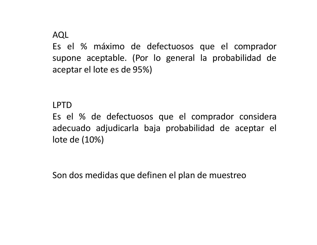 AQL Es el % máximo de defectuosos que el comprador supone aceptable. (Por lo general la probabilidad de aceptar el lote es de 95%)