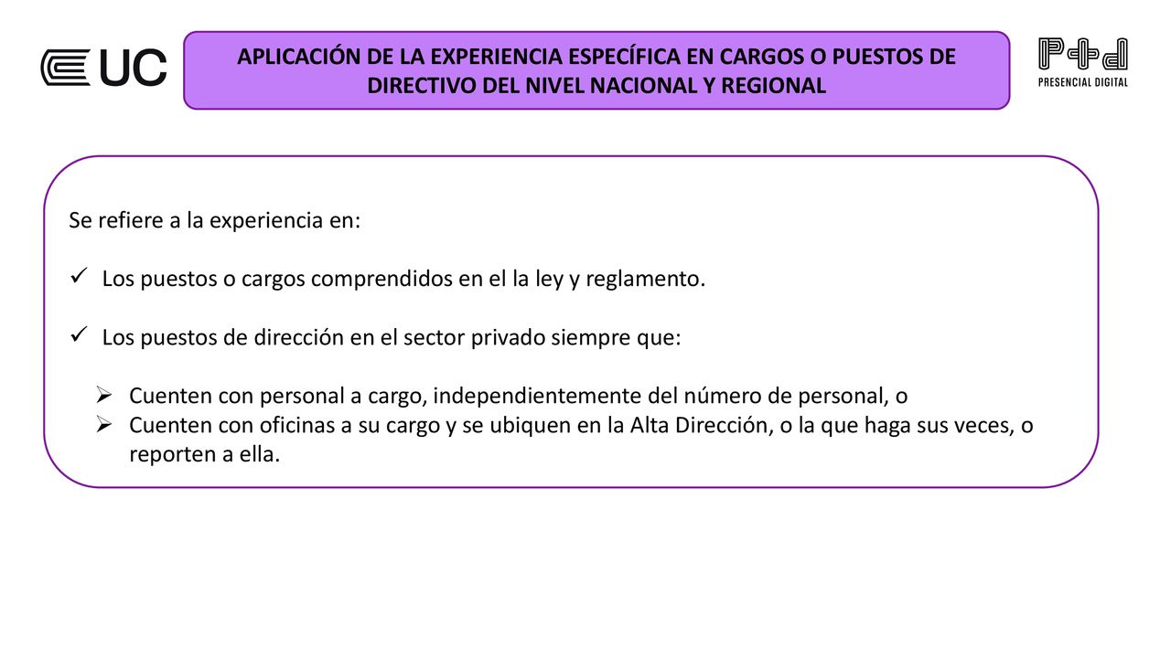 APLICACIÓN DE LA EXPERIENCIA ESPECÍFICA EN CARGOS O PUESTOS DE DIRECTIVO DEL NIVEL NACIONAL Y REGIONAL