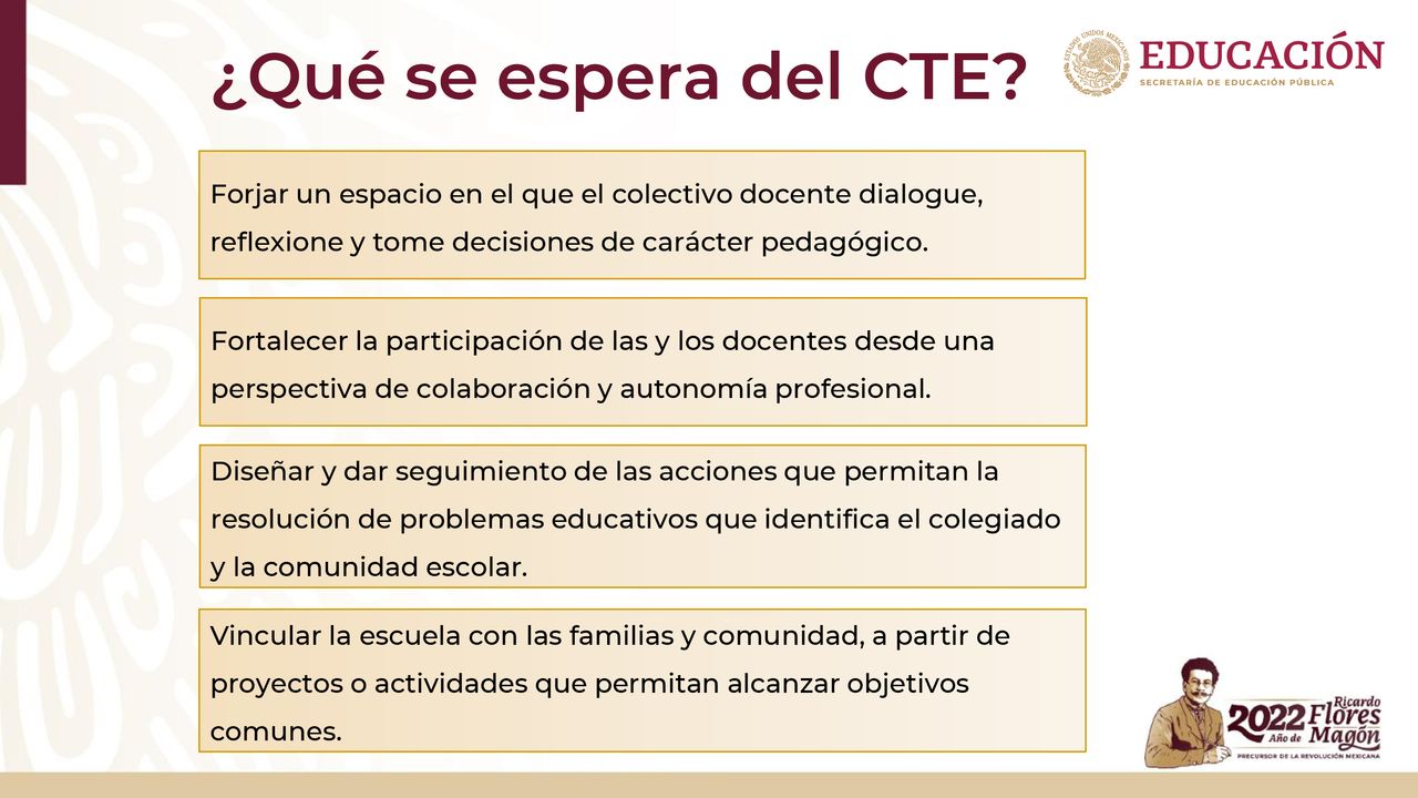 ¿Qué se espera del CTE Forjar un espacio en el que el colectivo docente dialogue, reflexione y tome decisiones de carácter pedagógico.