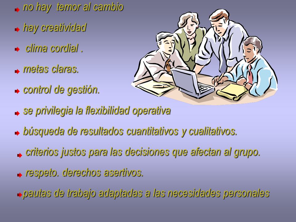 no hay temor al cambio hay creatividad. clima cordial . metas claras. control de gestión. se privilegia la flexibilidad operativa.