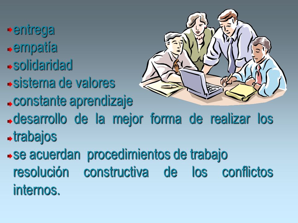 entrega empatía. solidaridad. sistema de valores. constante aprendizaje. desarrollo de la mejor forma de realizar los trabajos.