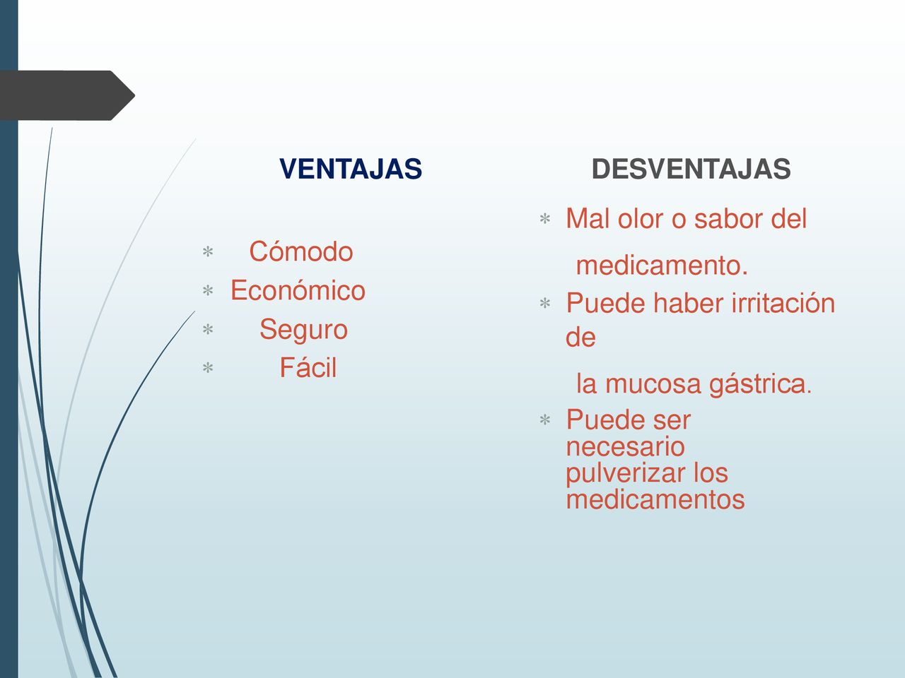 VENTAJAS Cómodo. Económico. Seguro. Fácil. DESVENTAJAS. Mal olor o sabor del. medicamento. Puede haber irritación de.