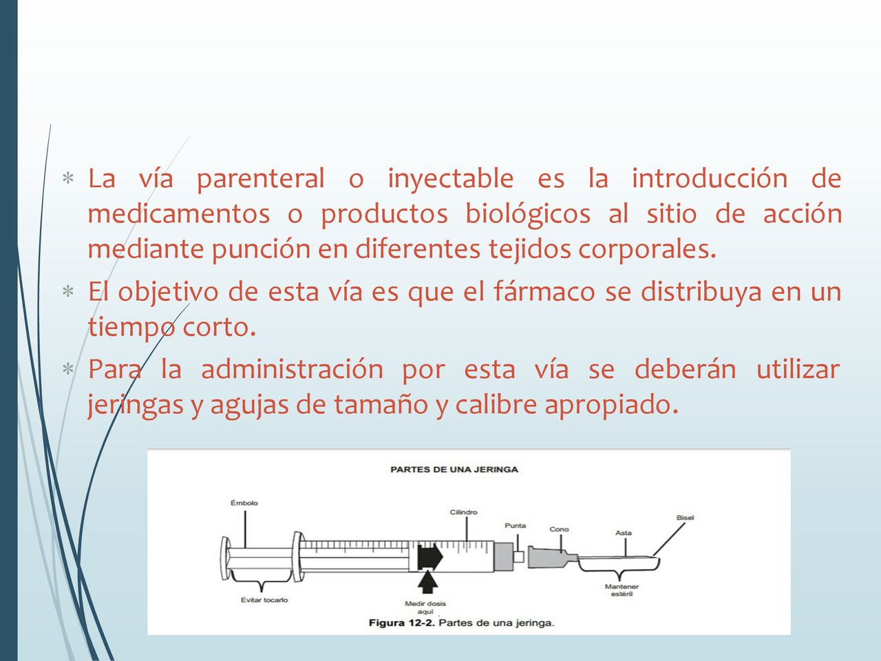 La vía parenteral o inyectable es la introducción de medicamentos o productos biológicos al sitio de acción mediante punción en diferentes tejidos corporales.