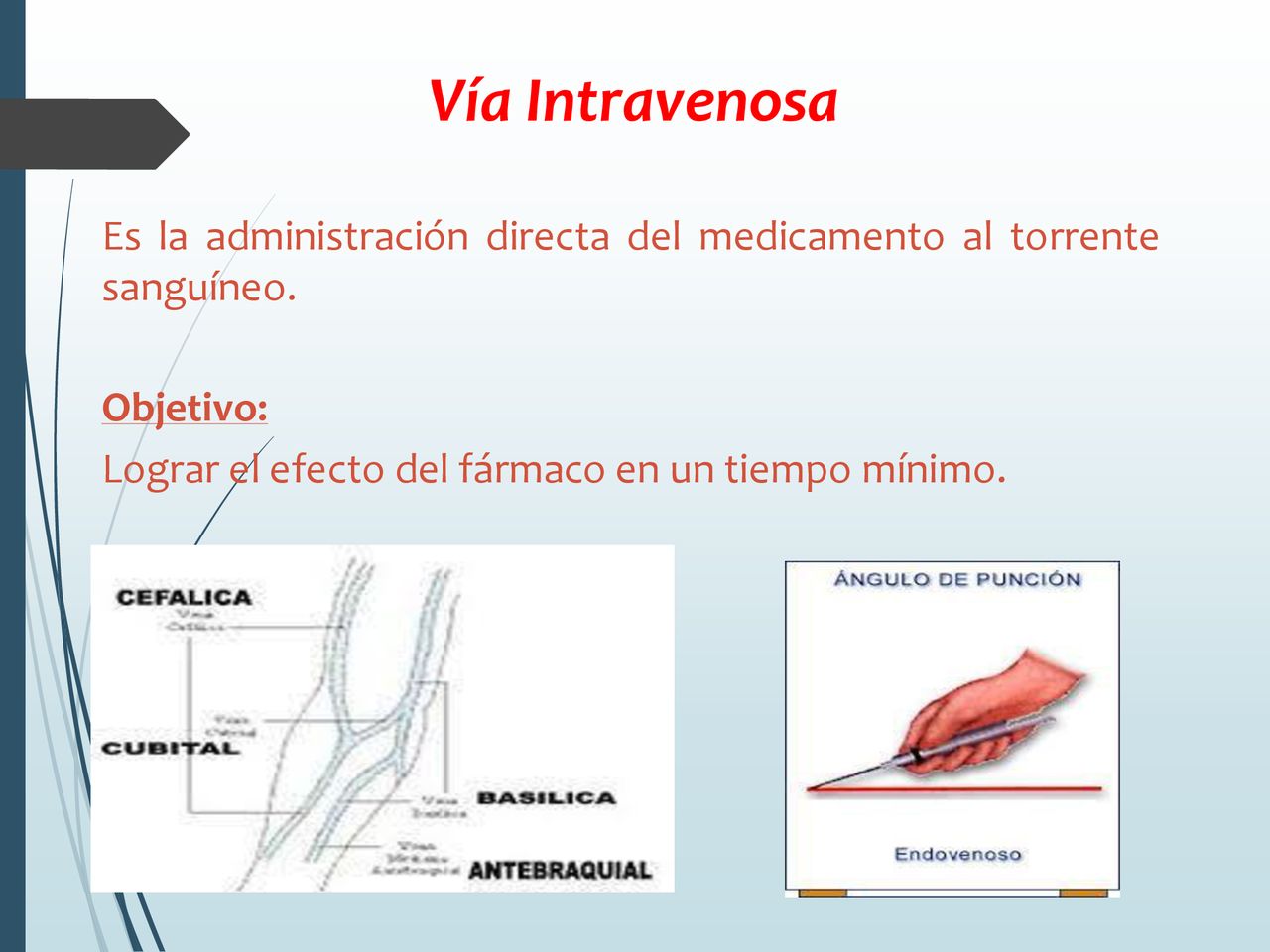 Vía Intravenosa Es la administración directa del medicamento al torrente sanguíneo.