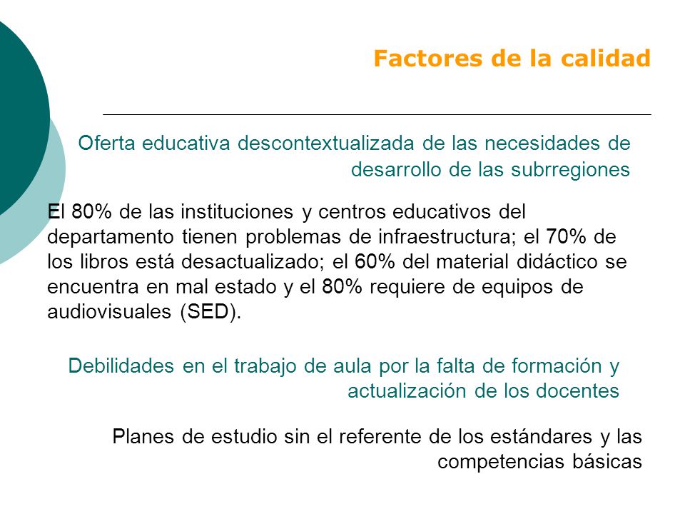 Factores de la calidad Oferta educativa descontextualizada de las necesidades de desarrollo de las subrregiones.
