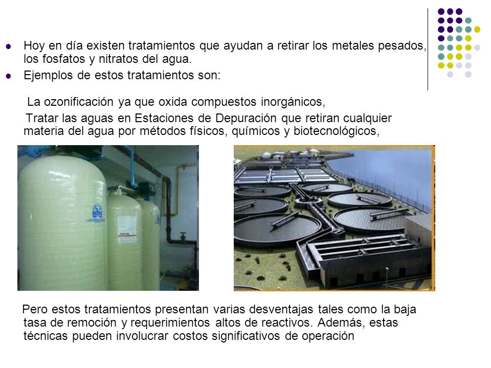 Hoy en día existen tratamientos que ayudan a retirar los metales pesados, los fosfatos y nitratos del agua.