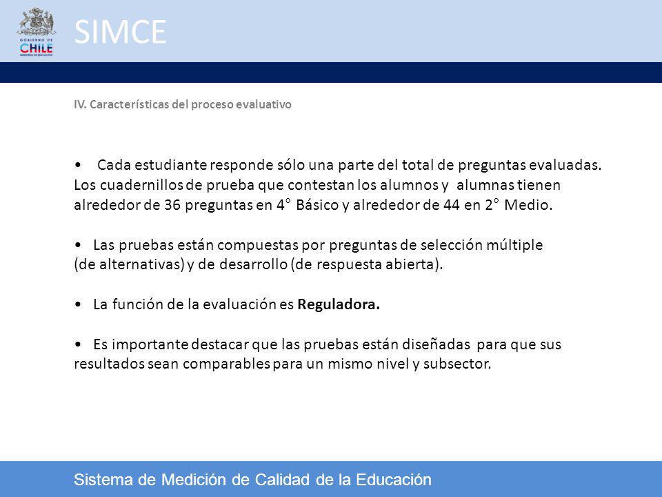 SIMCE IV. Características del proceso evaluativo. Cada estudiante responde sólo una parte del total de preguntas evaluadas.