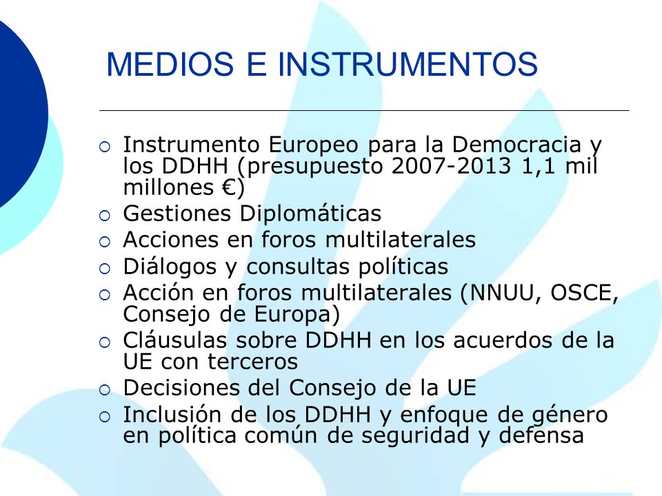 MEDIOS E INSTRUMENTOS Instrumento Europeo para la Democracia y los DDHH (presupuesto ,1 mil millones €)