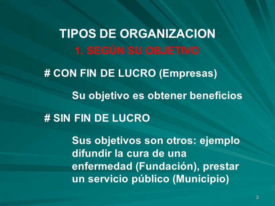 TIPOS DE ORGANIZACION 1. SEGÚN SU OBJETIVO