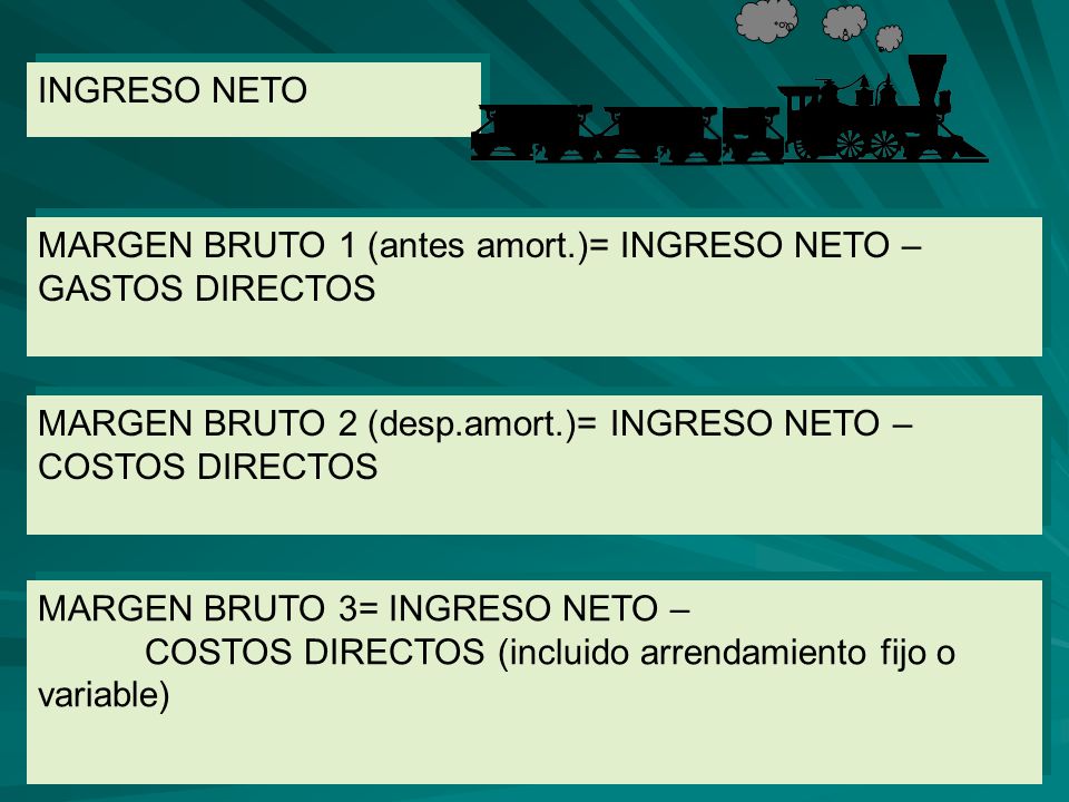 INGRESO NETO MARGEN BRUTO 1 (antes amort.)= INGRESO NETO – GASTOS DIRECTOS. MARGEN BRUTO 2 (desp.amort.)= INGRESO NETO – COSTOS DIRECTOS.