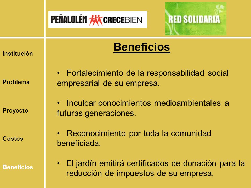 Beneficios Institución. Problema. Proyecto. Costos. Beneficios. Fortalecimiento de la responsabilidad social empresarial de su empresa.