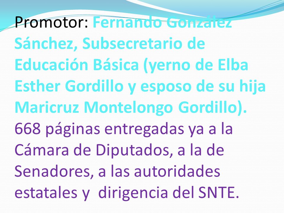 Promotor: Fernando González Sánchez, Subsecretario de Educación Básica (yerno de Elba Esther Gordillo y esposo de su hija Maricruz Montelongo Gordillo).