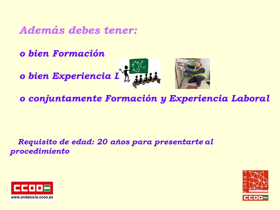 Además debes tener: o bien Formación o bien Experiencia Laboral o conjuntamente Formación y Experiencia Laboral