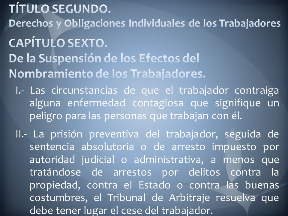 TÍTULO SEGUNDO. Derechos y Obligaciones Individuales de los Trabajadores CAPÍTULO SEXTO. De la Suspensión de los Efectos del Nombramiento de los Trabajadores.