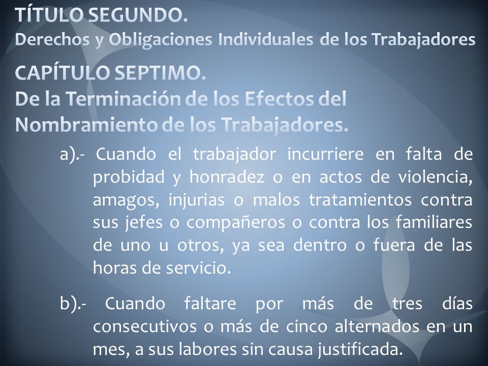 TÍTULO SEGUNDO. Derechos y Obligaciones Individuales de los Trabajadores CAPÍTULO SEPTIMO. De la Terminación de los Efectos del Nombramiento de los Trabajadores.