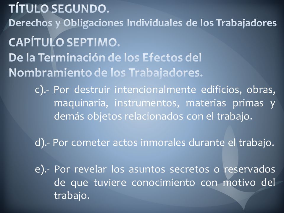 TÍTULO SEGUNDO. Derechos y Obligaciones Individuales de los Trabajadores CAPÍTULO SEPTIMO. De la Terminación de los Efectos del Nombramiento de los Trabajadores.