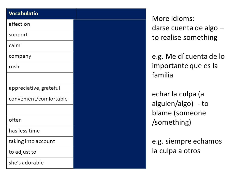 Vocabulatio affection. el cariño. support. el aployo. calm. el sosiego. company. la empresa.