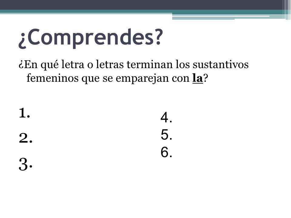 ¿Comprendes ¿En qué letra o letras terminan los sustantivos femeninos que se emparejan con la 1.