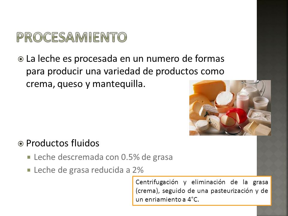 Procesamiento La leche es procesada en un numero de formas para producir una variedad de productos como crema, queso y mantequilla.