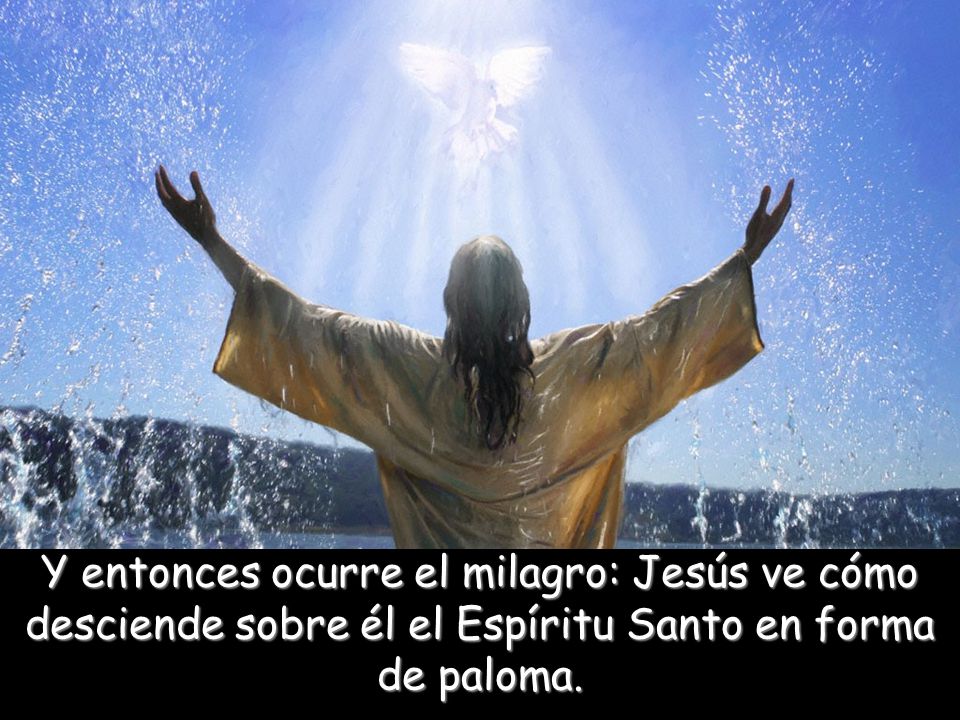 Y entonces ocurre el milagro: Jesús ve cómo desciende sobre él el Espíritu Santo en forma de paloma.