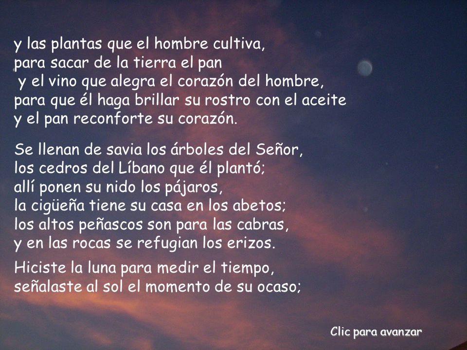 y las plantas que el hombre cultiva, para sacar de la tierra el pan y el vino que alegra el corazón del hombre, para que él haga brillar su rostro con el aceite y el pan reconforte su corazón.