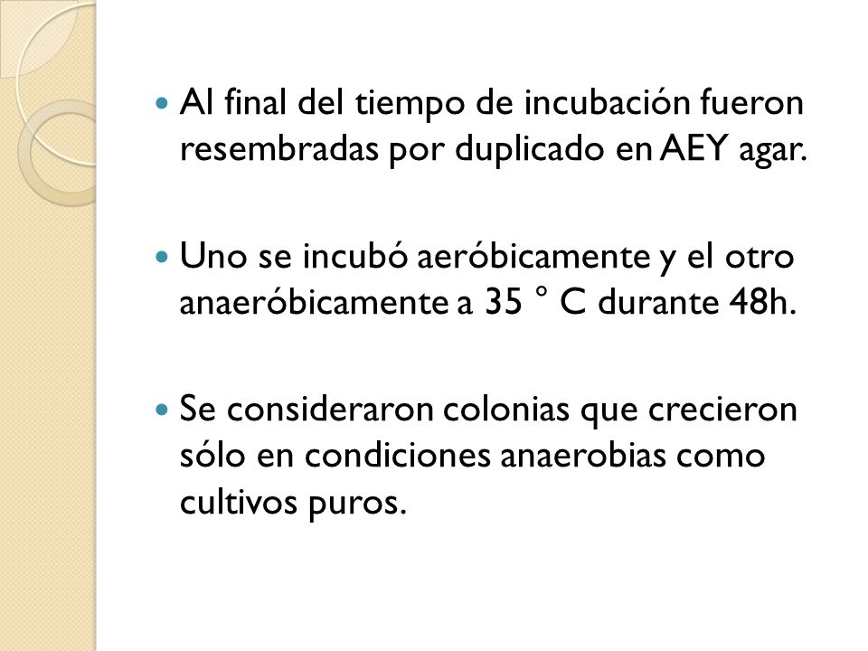 Al final del tiempo de incubación fueron resembradas por duplicado en AEY agar.