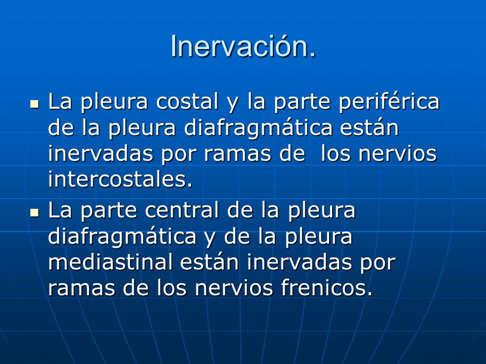 Inervación. La pleura costal y la parte periférica de la pleura diafragmática están inervadas por ramas de los nervios intercostales.