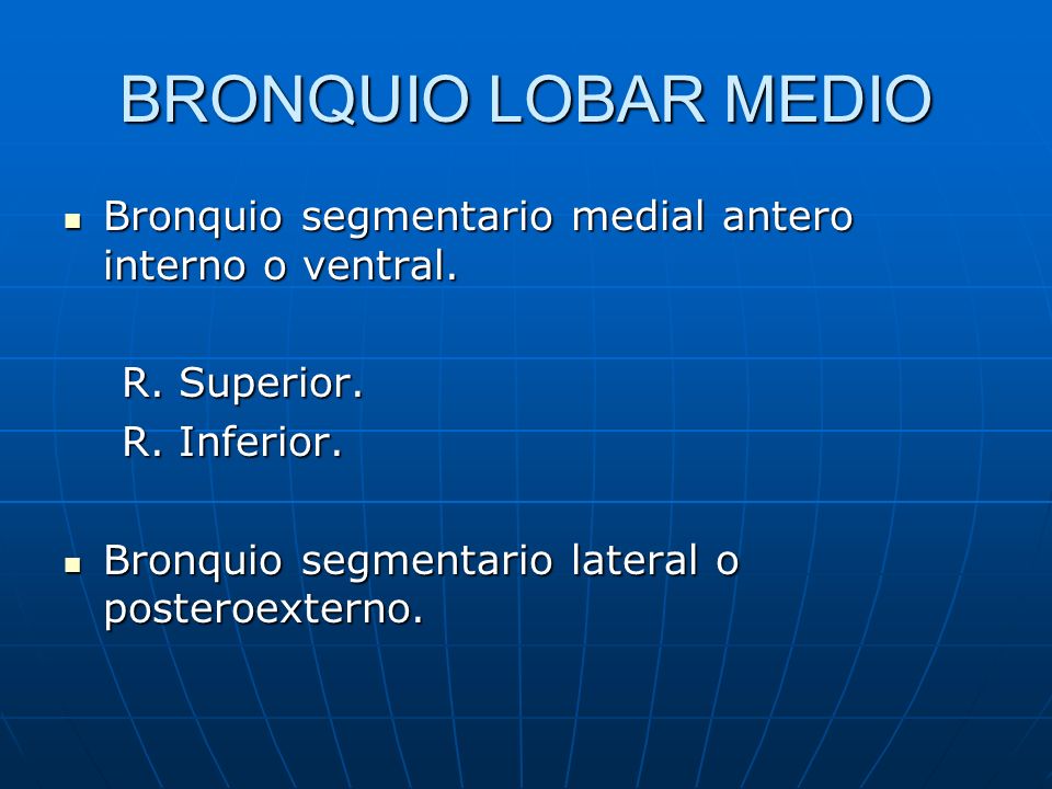 BRONQUIO LOBAR MEDIO Bronquio segmentario medial antero interno o ventral. R. Superior. R. Inferior.