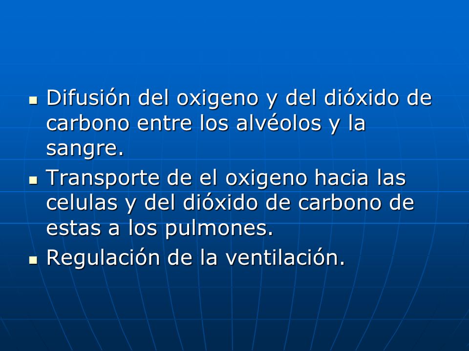 Difusión del oxigeno y del dióxido de carbono entre los alvéolos y la sangre.