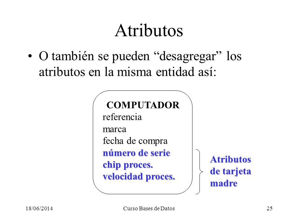 Atributos O también se pueden desagregar los atributos en la misma entidad así: COMPUTADOR. referencia.