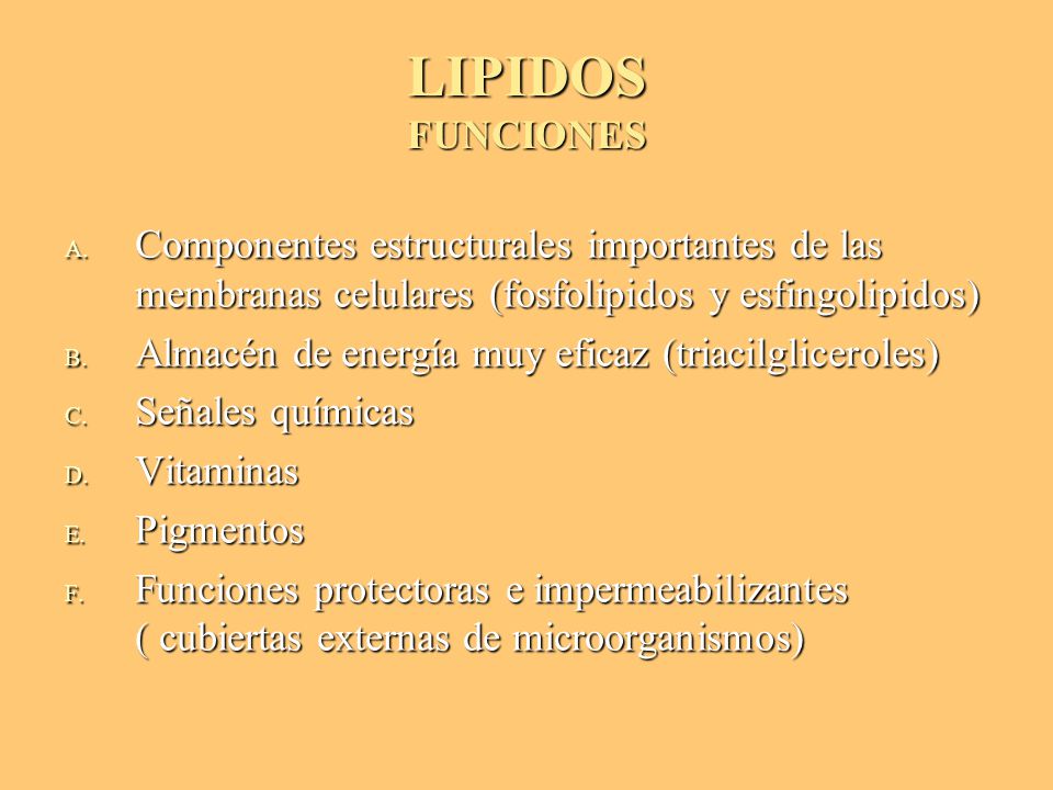 LIPIDOS FUNCIONES Componentes estructurales importantes de las membranas celulares (fosfolipidos y esfingolipidos)